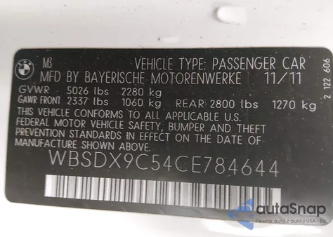 2012 BMW M3 from USA, damaged, VIN WBSDX9C54CE784644